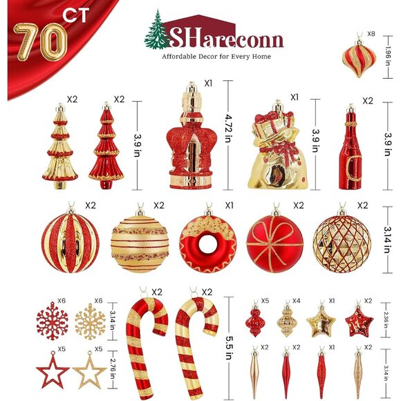 70pcs Shatterproof Christmas Ball Ornaments Set for Tree in Black Red Gold Color - Picture 2 of 8